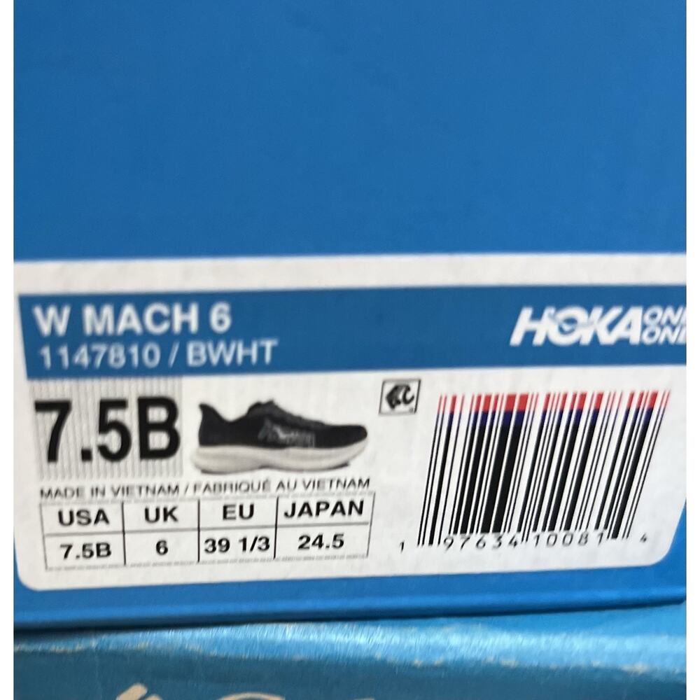 Womens Size 7.5B Hoka One One Mach 6 Black White Running Shoes 1147810 BWHT NEW - Picture 7 of 7